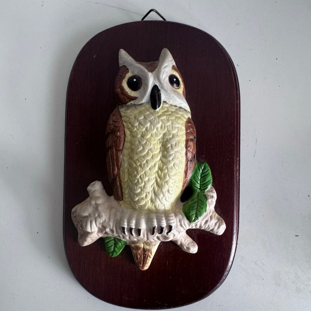 Vintage 1970s Owl Wall Plaques Wooden Hanging Decor Made Taiwan Boho Cottage A3